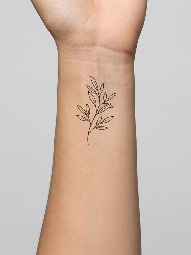 minimalist olive branch inner wrist tattoo on-skin preview