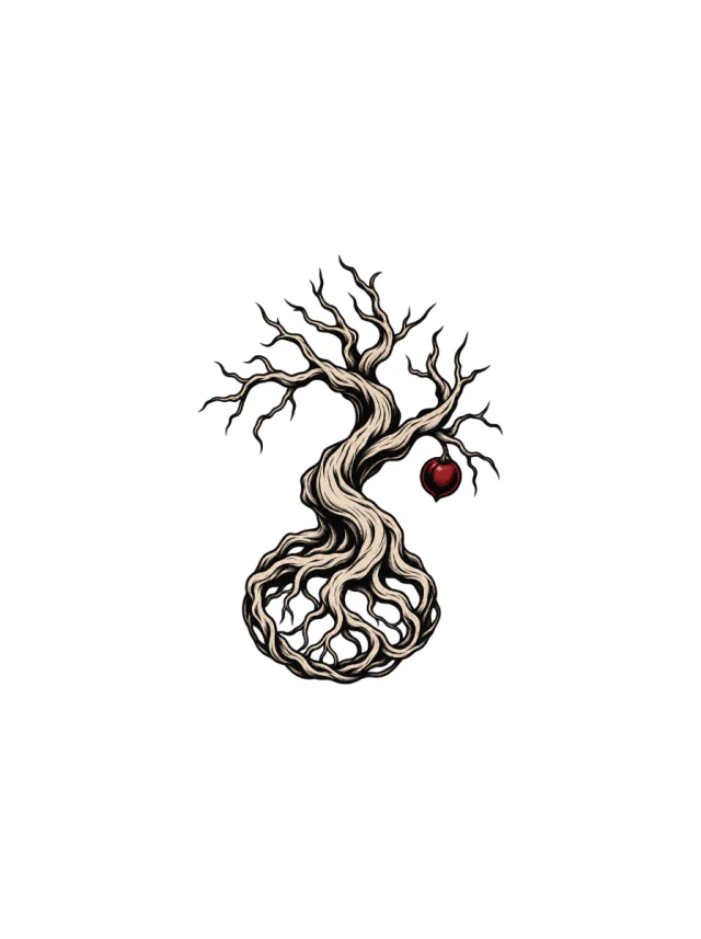Twisted Tree Whose Roots Form a Contained Circular Base Tattoo clean design