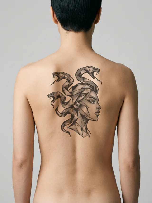 Geometric Medusa Profile Tattoo on-skin preview