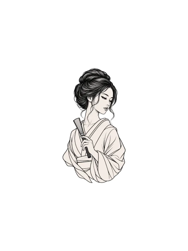 Geisha-Inspired Half-Length Portrait Holding Closed Fan Tattoo clean design