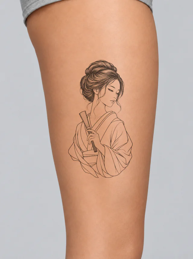 Geisha-Inspired Half-Length Portrait Holding Closed Fan Tattoo on-skin preview