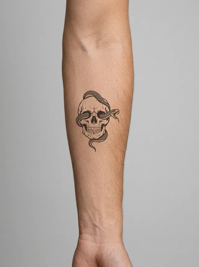 Blackwork Snake and Skull Forearm Tattoo on-skin preview