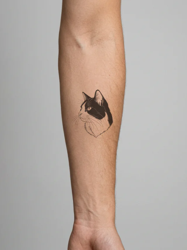 Fine Line Tuxedo Cat Tattoo on-skin preview
