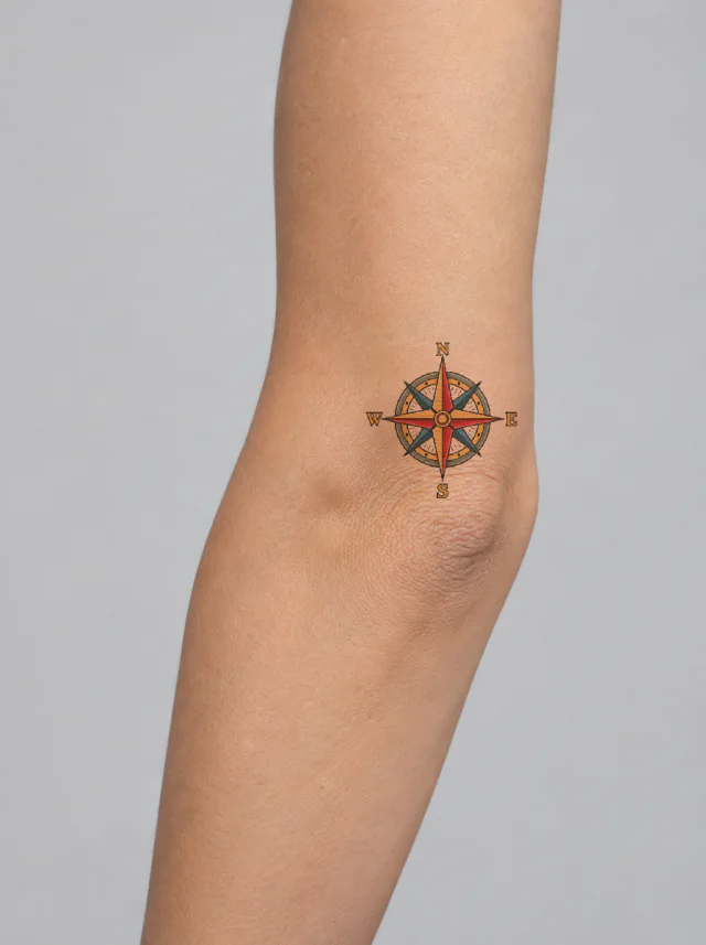 Old School Compass Elbow Tattoo on-skin preview