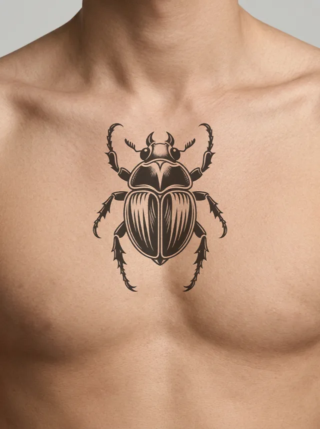 Blackwork Scarab Collarbone Tattoo on-skin preview