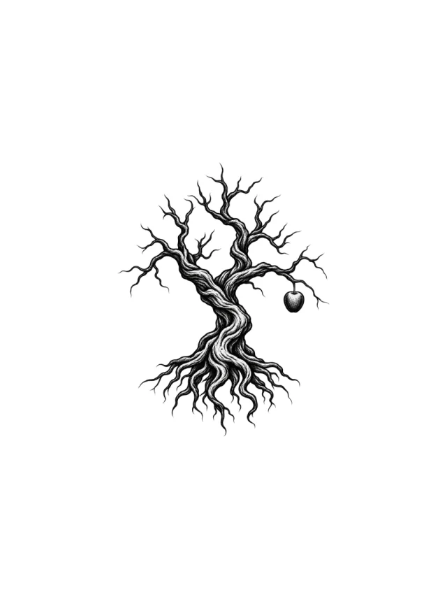 Gnarled Leafless Tree with Apple Hanging from Branch Tattoo clean design