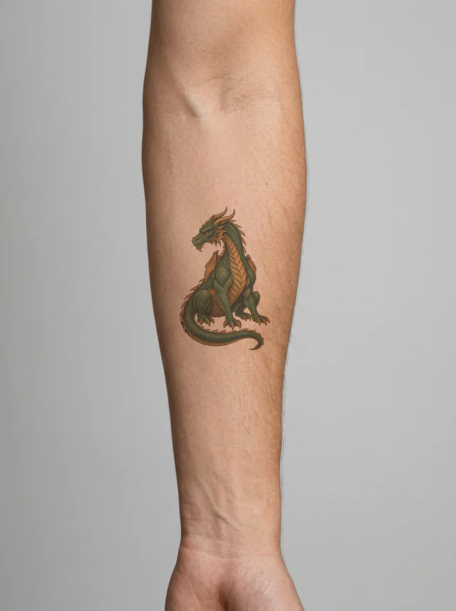 Seated Jade Neo Traditional Dragon Tattoo on-skin preview