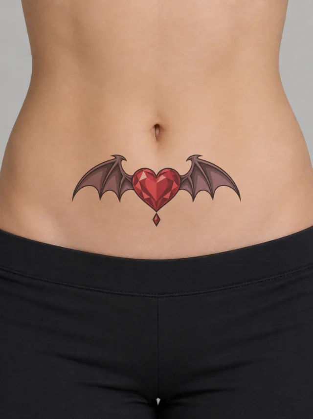 Lower Belly Heart Wing Crest Tattoo on-skin preview