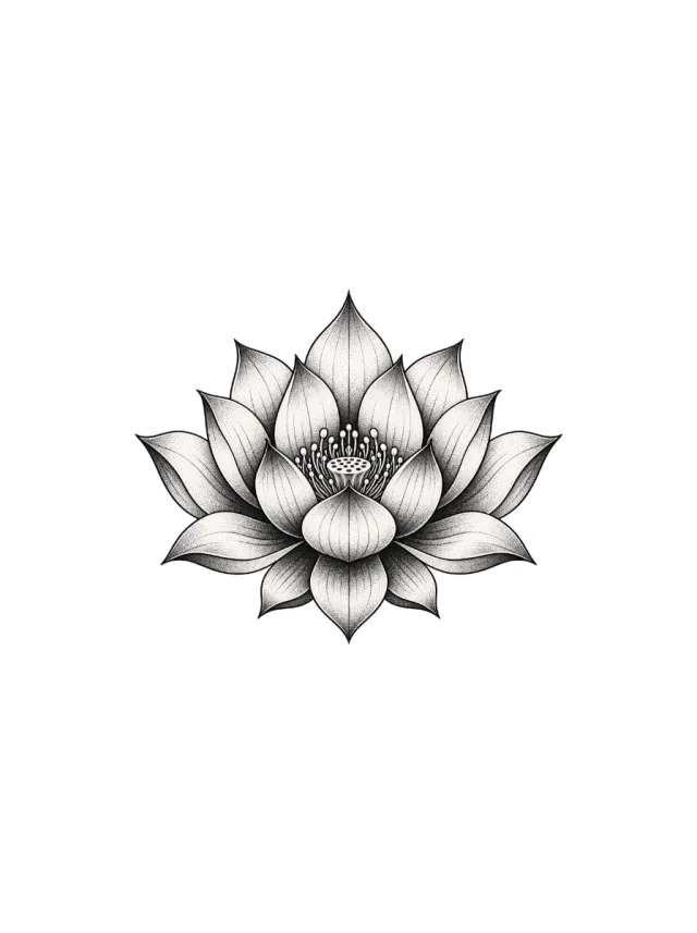 Dotwork Black Lotus Viewed from the Front with a Clean Symmetrical Petal Structure Tattoo clean design