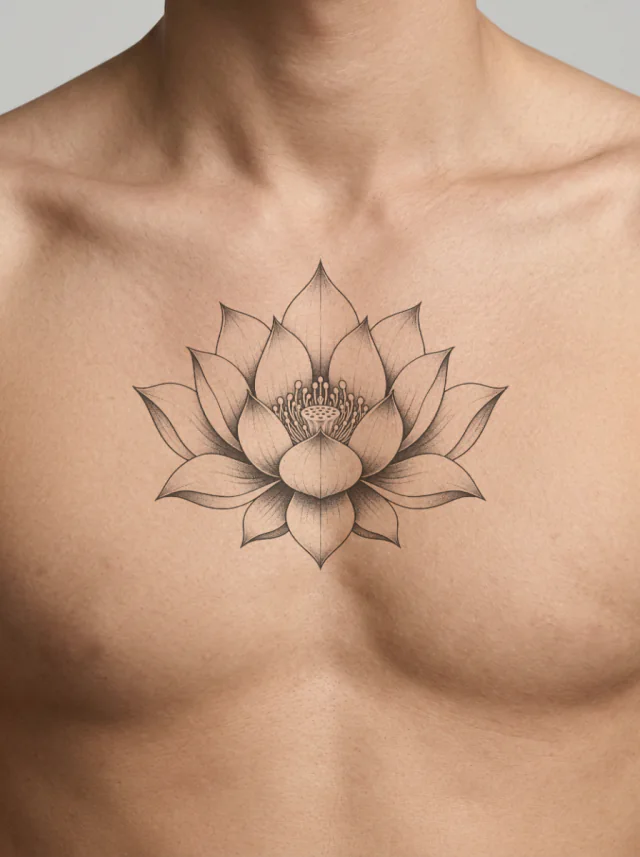 Dotwork Black Lotus Viewed from the Front with a Clean Symmetrical Petal Structure Tattoo on-skin preview