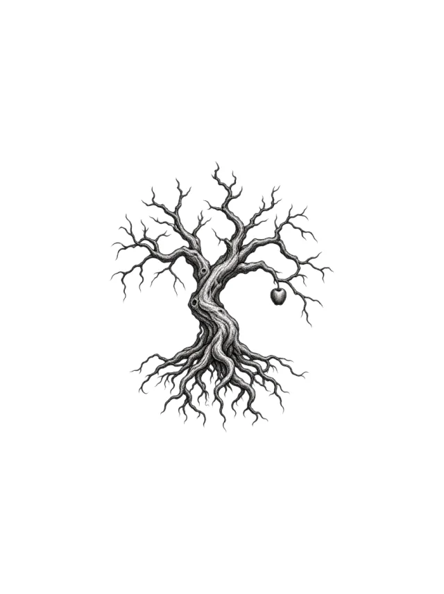 Etched Tree with Exposed Roots and Small Fruit Tattoo clean design