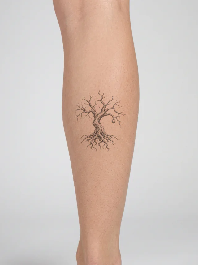 Etched Tree with Exposed Roots and Small Fruit Tattoo on-skin preview