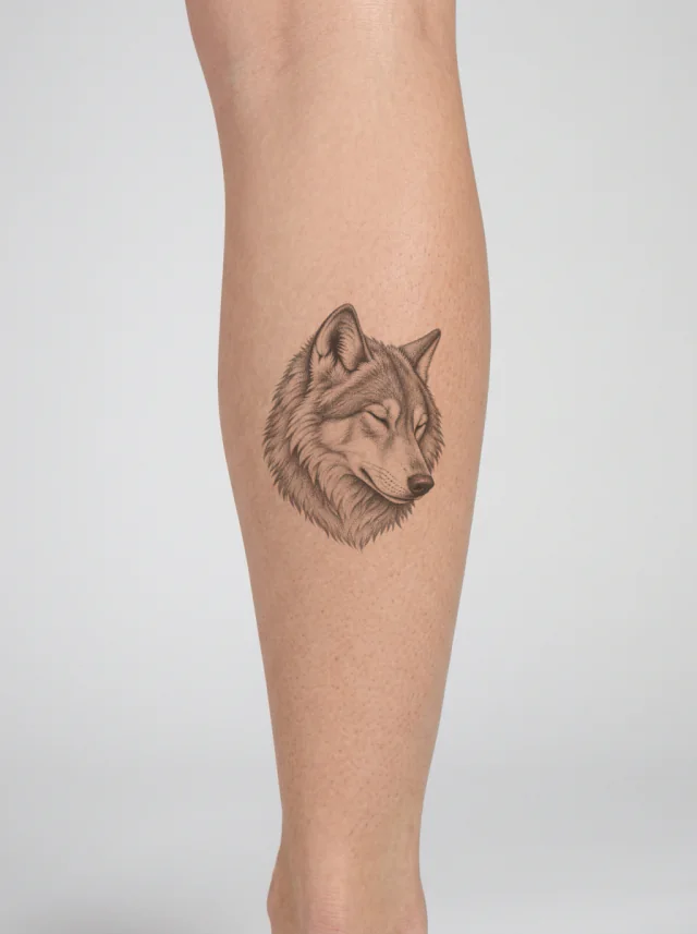 Resting Dotwork Wolf Tattoo on-skin preview