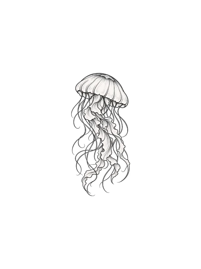 Fine-Line Jellyfish with a Round Bell and Separated Flowing Tentacles Tattoo clean design