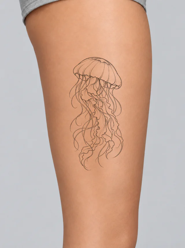 Fine-Line Jellyfish with a Round Bell and Separated Flowing Tentacles Tattoo on-skin preview