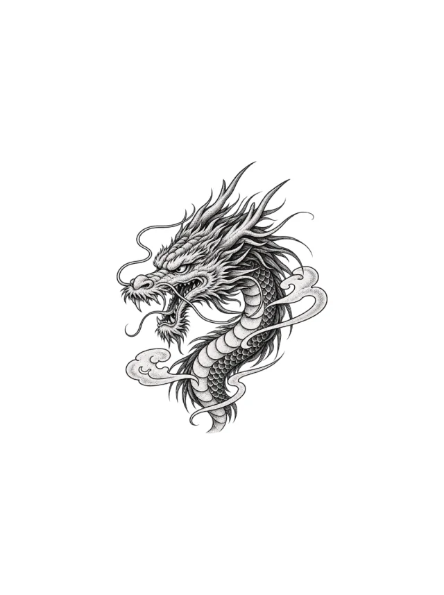Japanese-Inspired Dragon Head and Neck with Wind Bars Tattoo clean design