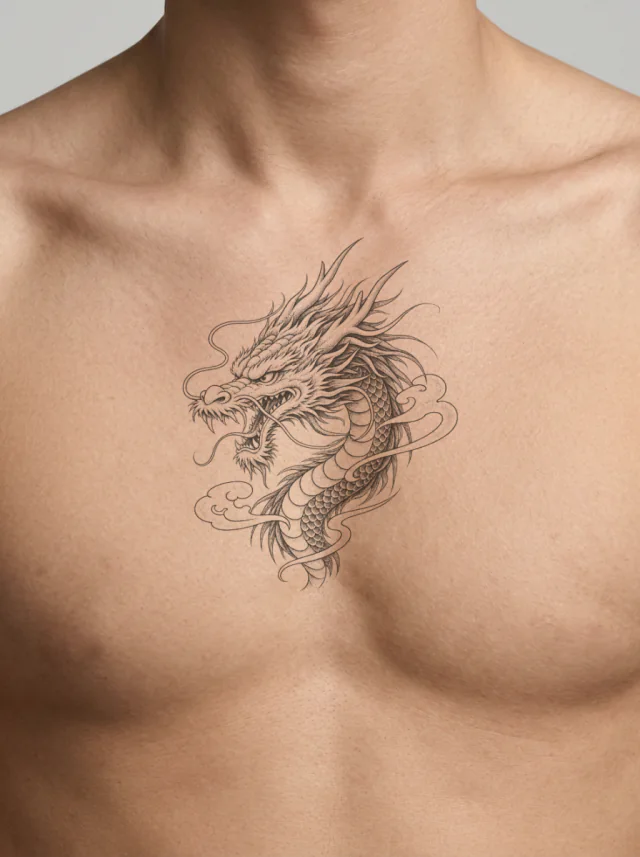 Japanese-Inspired Dragon Head and Neck with Wind Bars Tattoo on-skin preview
