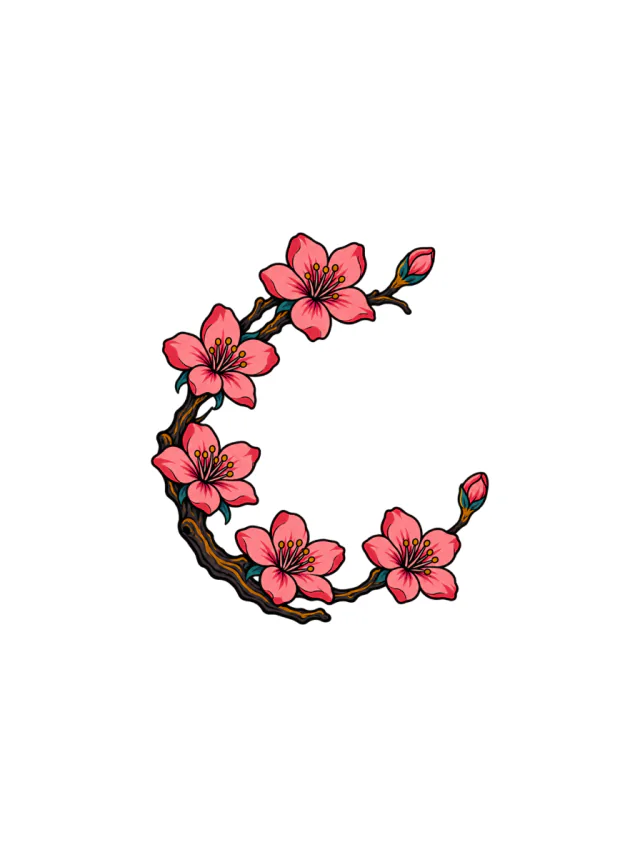 Cherry Blossom Crescent Branch Tattoo clean design