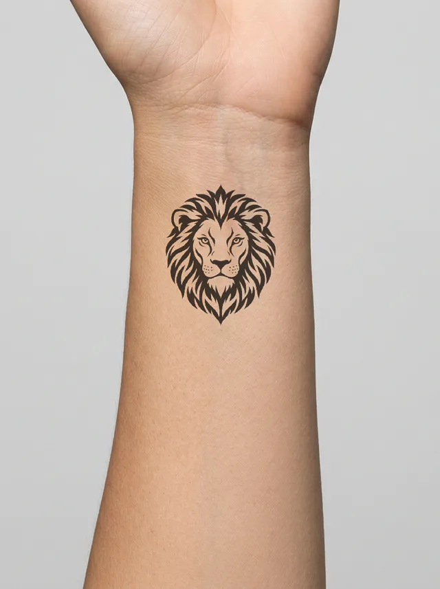 Blackwork Lion Head Wrist Tattoo on-skin preview