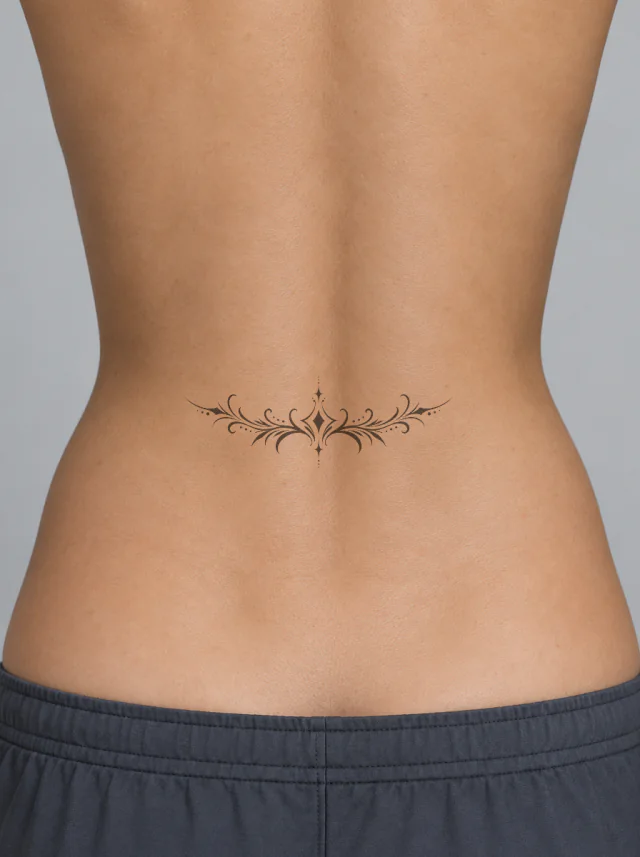 Blackwork Ornamental Lower Back Tattoo on-skin preview