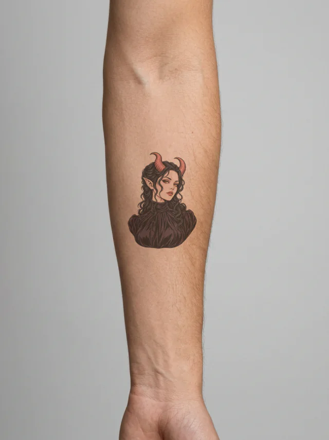 Succubus Horned Portrait Tattoo on-skin preview