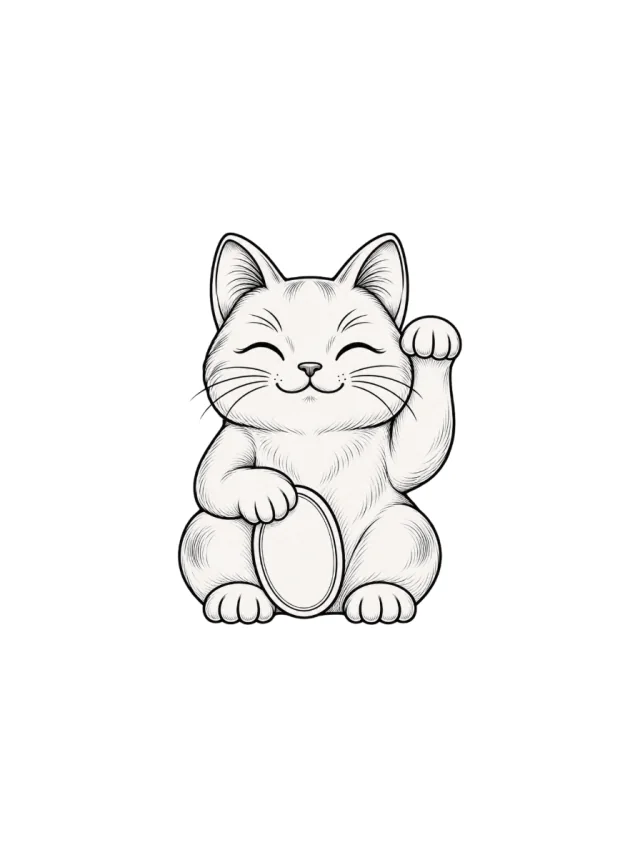 Fine-Line Maneki-Neko Seated with Left Paw Raised and Small Coin Without Marks Tattoo clean design