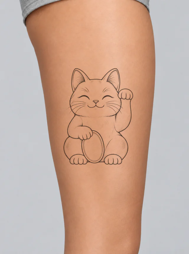 Fine-Line Maneki-Neko Seated with Left Paw Raised and Small Coin Without Marks Tattoo on-skin preview