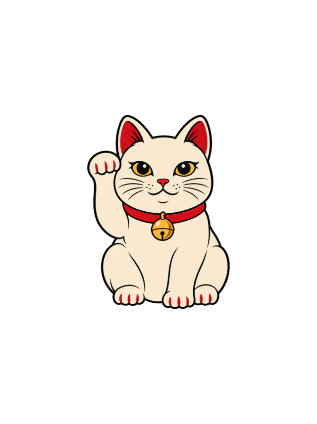 Red-And-Gold Maneki-Neko with Right Paw Raised and Bell Collar Tattoo clean design