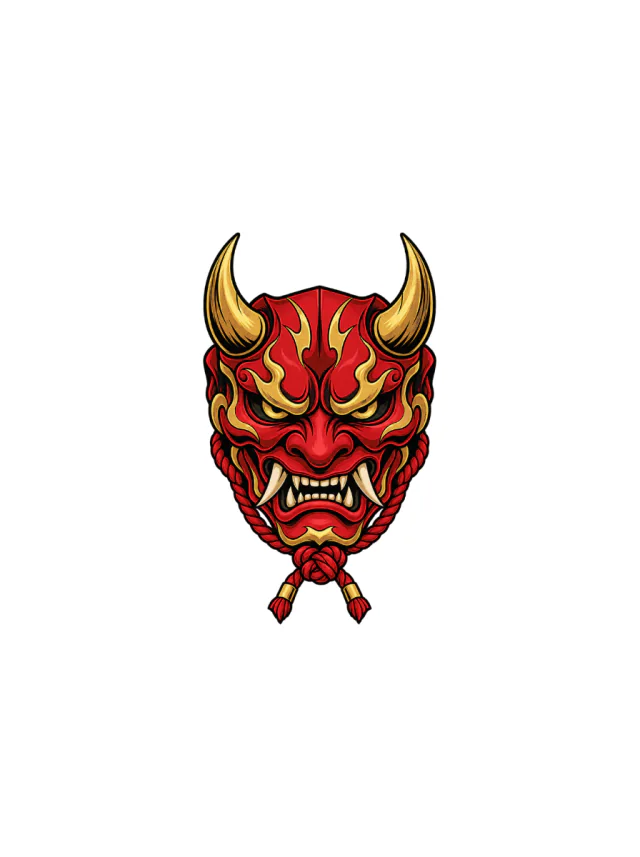 Red-And-Gold Oni Mask with Two Horns Tattoo clean design