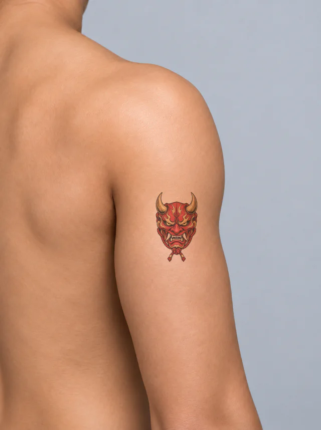 Red-And-Gold Oni Mask with Two Horns Tattoo on-skin preview