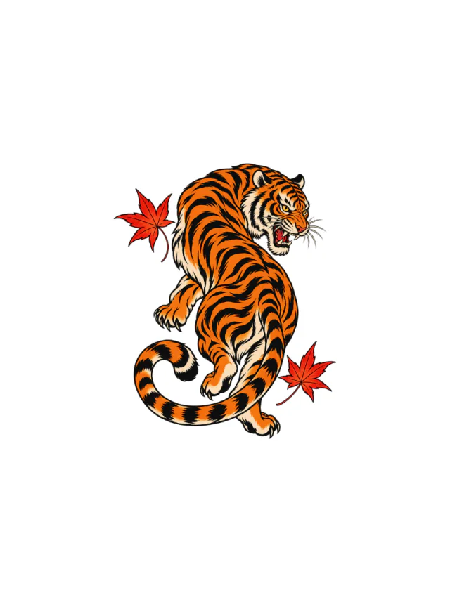 Japanese Tiger with Maple Leaves Tattoo clean design