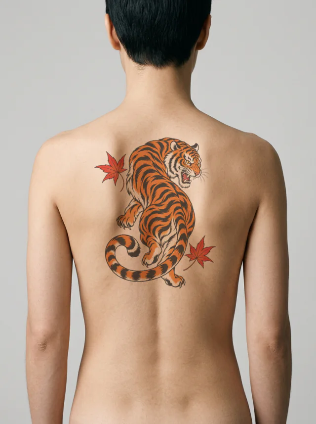 Japanese Tiger with Maple Leaves Tattoo on-skin preview
