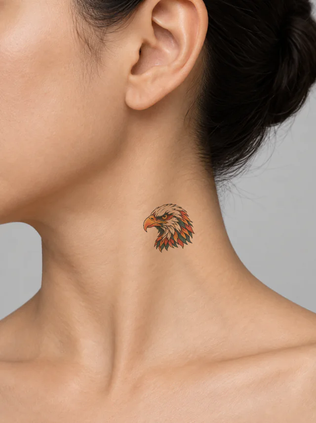 Neo-Traditional Eagle Head Neck Tattoo on-skin preview