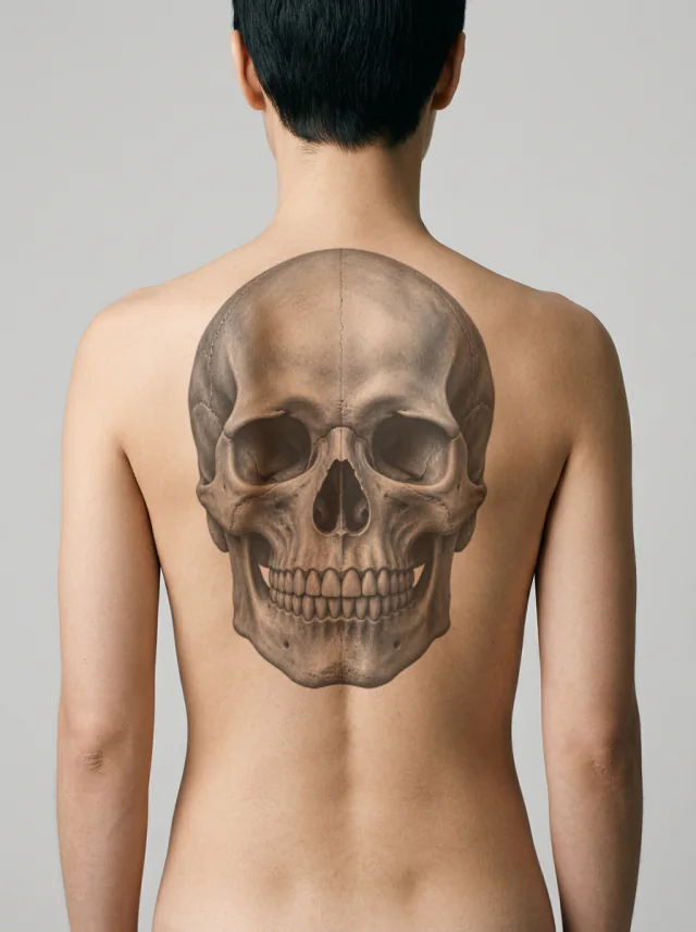 Anatomical human skull in frontal view with clear bone planes and cavities Tattoo on-skin preview