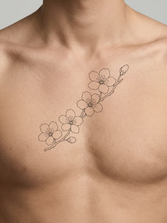 Cherry Blossom Diagonal Stem Tattoo on-skin preview