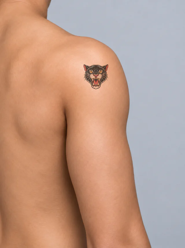 Old School Panther Head Shoulder Tattoo on-skin preview