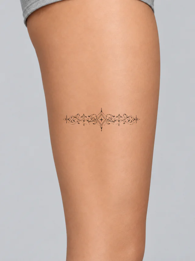 Dotwork Ornamental Garter Band Thigh Tattoo on-skin preview