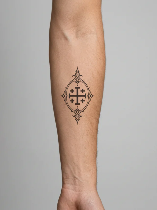 Gothic Jerusalem Cross Frame Tattoo on-skin preview