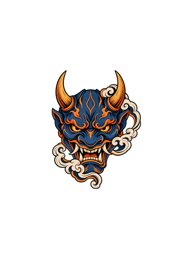 Indigo-And-Orange Oni Mask with Two Horns and Cloud-Scroll Accent Tattoo clean design