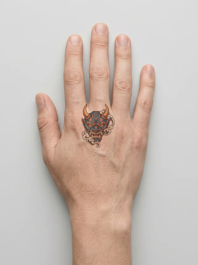 Indigo-And-Orange Oni Mask with Two Horns and Cloud-Scroll Accent Tattoo on-skin preview