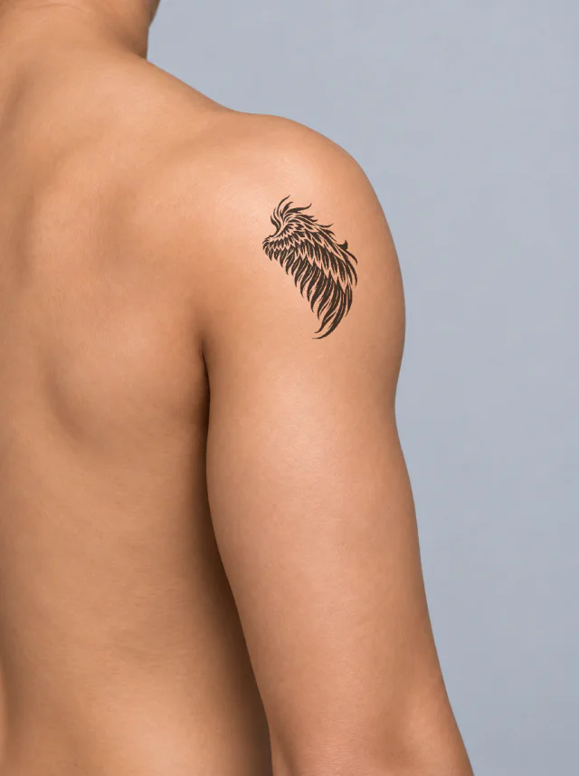 Blackwork Phoenix Wing Shoulder Tattoo on-skin preview