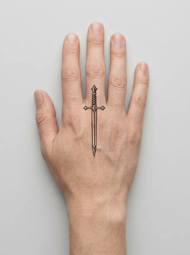 Blackwork Sword Finger Tattoo on-skin preview