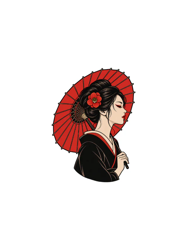 Geisha-Inspired Side Profile with a Red Paper Umbrella and a Single Camellia Hair Ornament Tattoo clean design