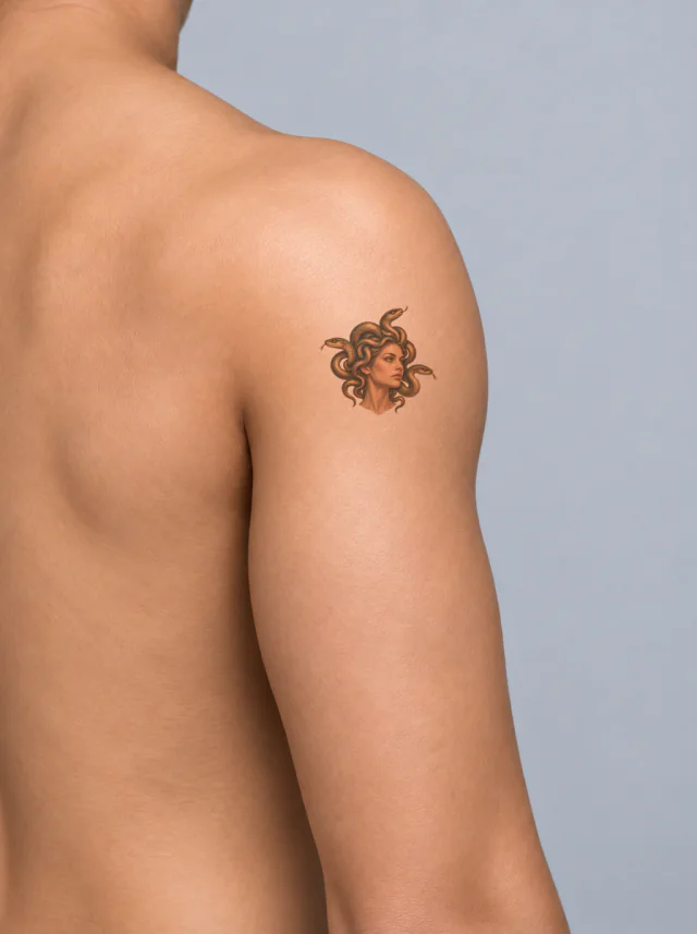 Bronze Three-Snake Medusa Portrait Tattoo on-skin preview