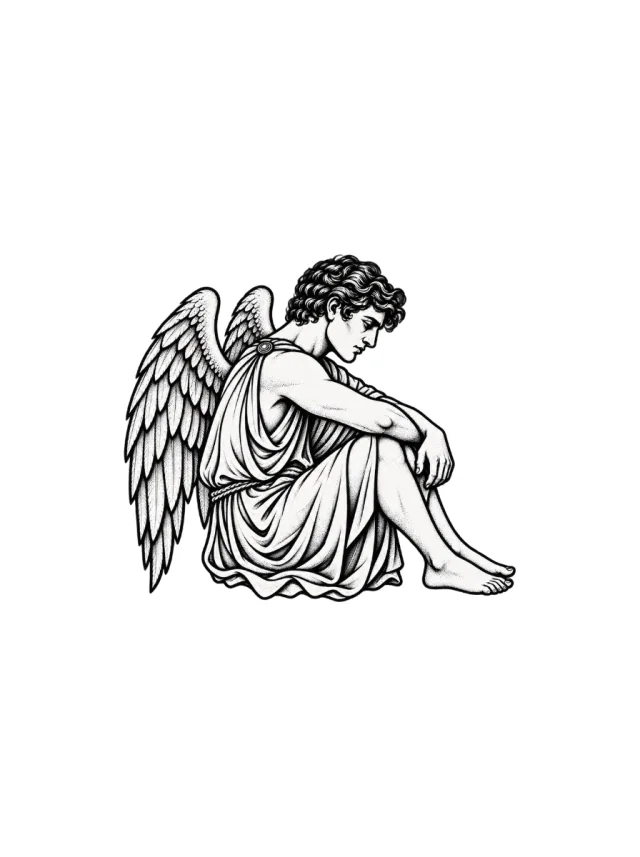 Icarus Seated Winged Figure Tattoo clean design