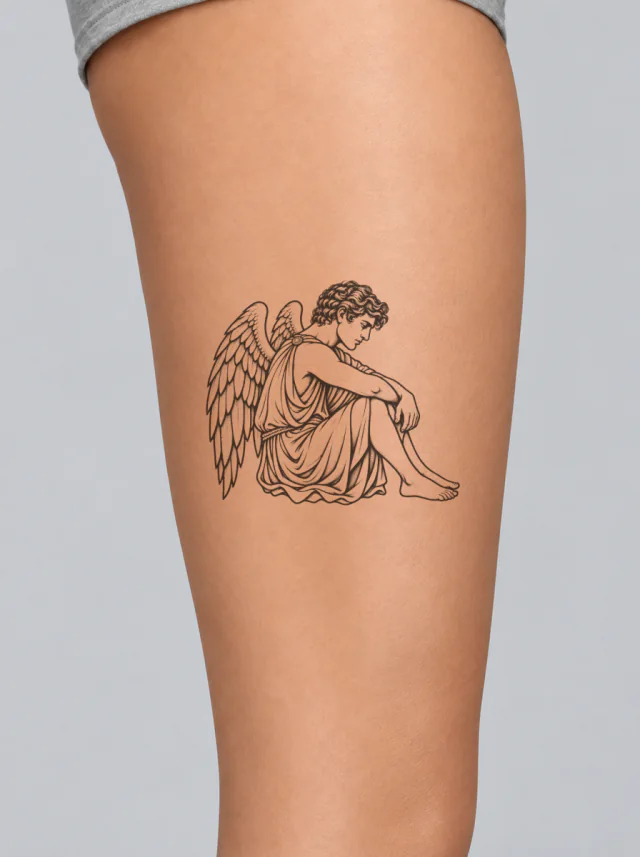 Icarus Seated Winged Figure Tattoo on-skin preview