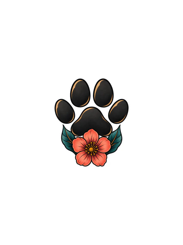 Neo Traditional Pet Paw with Flower Tattoo clean design