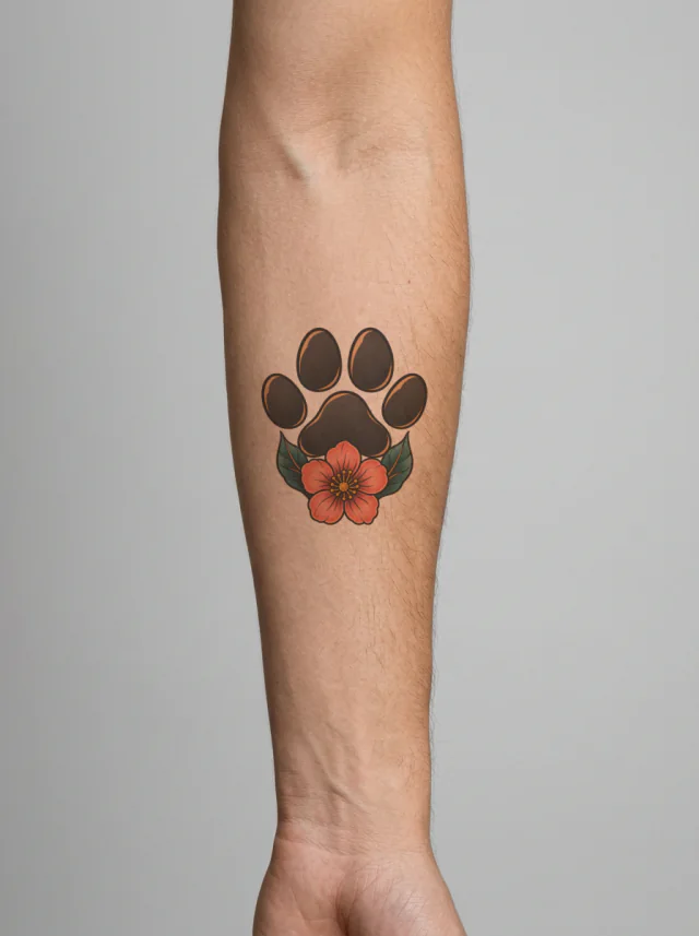 Neo Traditional Pet Paw with Flower Tattoo on-skin preview
