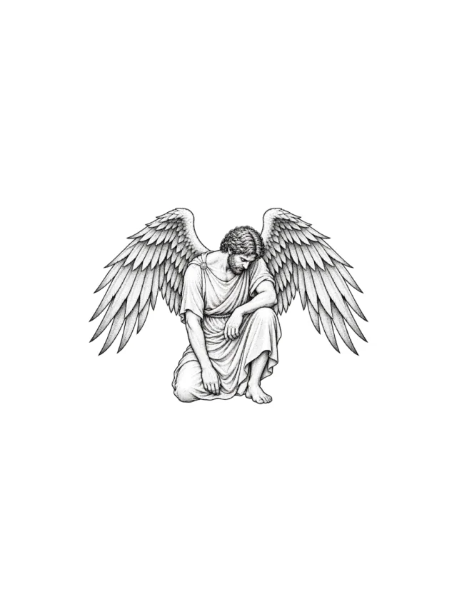 Icarus Kneeling with Wings Tattoo clean design