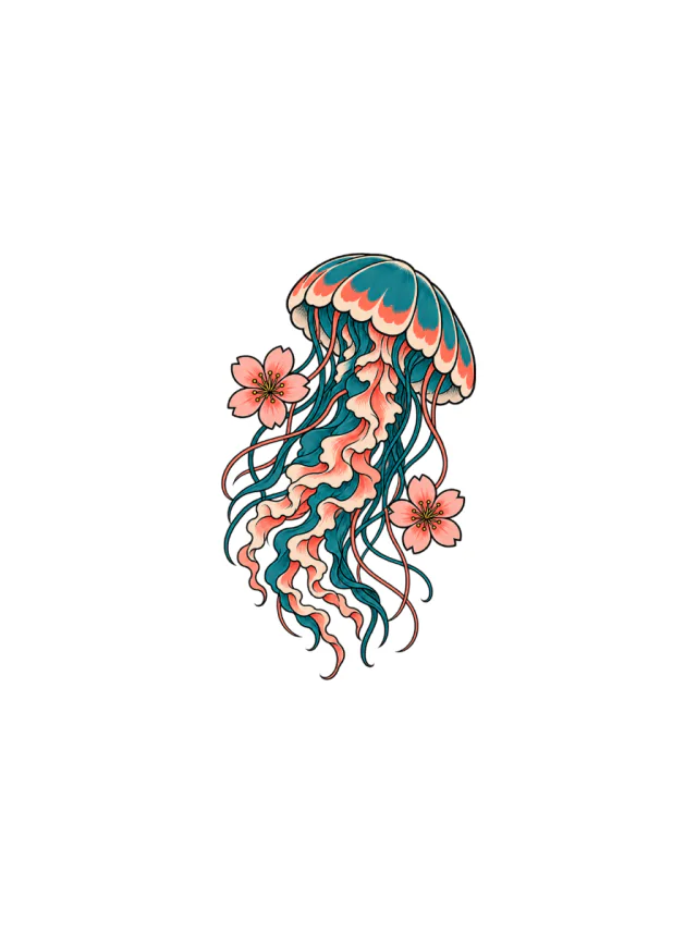 Teal-And-Coral Jellyfish with Two Small Cherry Blossoms Tattoo clean design